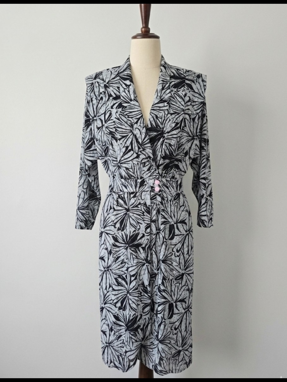 VTG 80s Charlee Allison Eljay Floral Midi Dress Navy White Pink Buttons 13/14